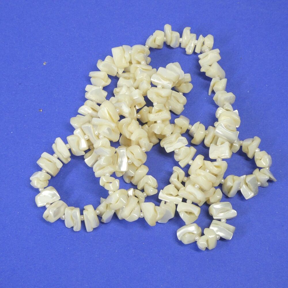 Mother of Pearl Shell Chip Necklace Large Chunky 38” Strand Natural MoP Vintage